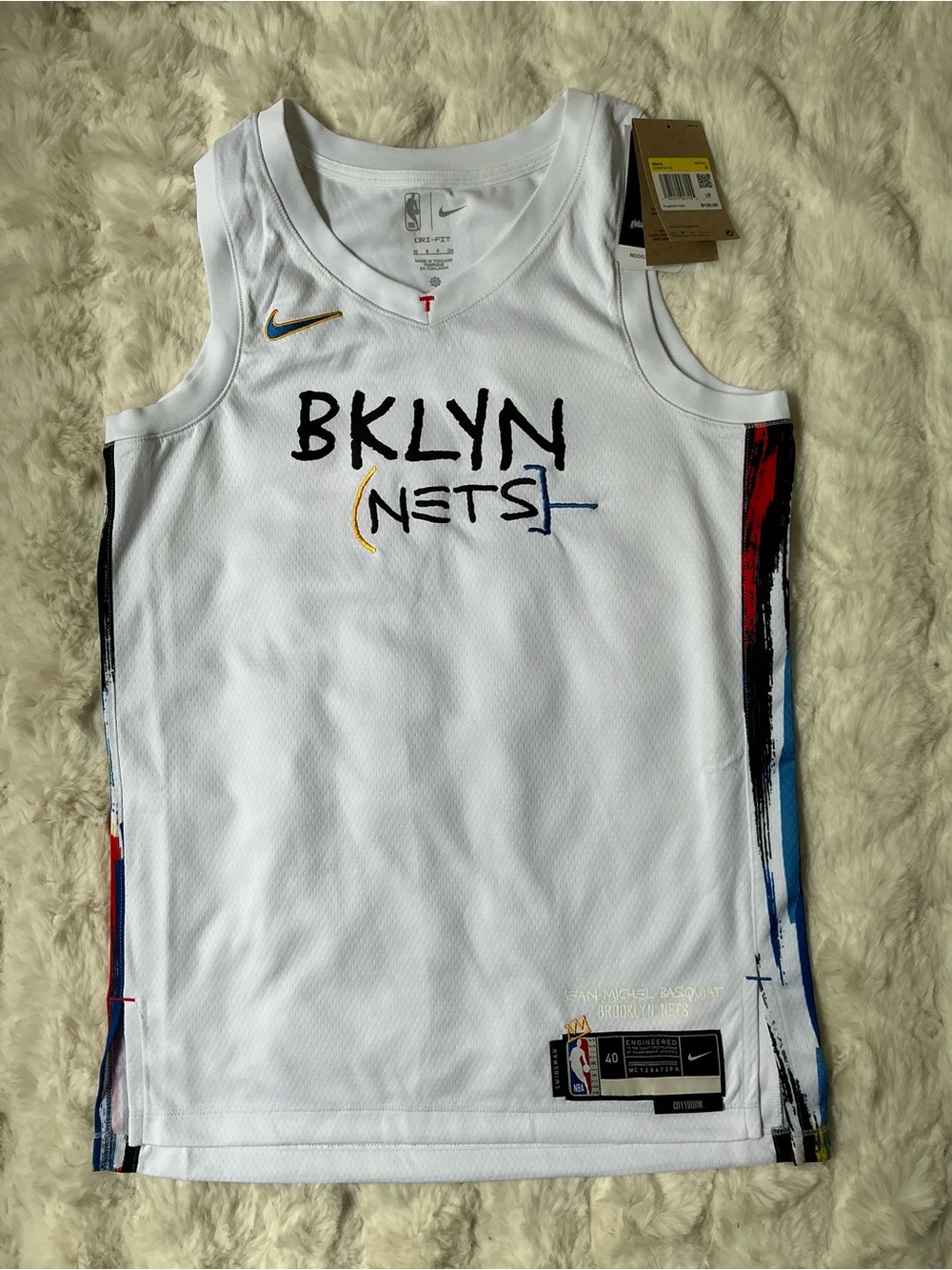 Nike men White BKLYN Nets Basketball Jersey with Multicolor Side Stripe